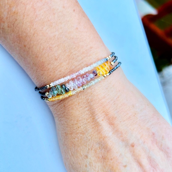 Handmade Natural Sapphire, Black Diamond Necklace Wrap Bracelet Solid 14k Gold - Picture 7 of 11